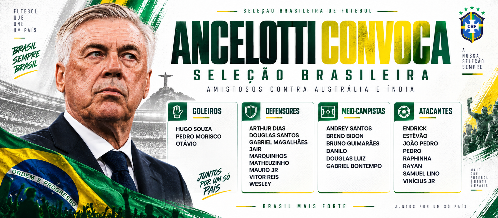 Ancelotti inicia renovação da Seleção Brasileira com lista para amistosos